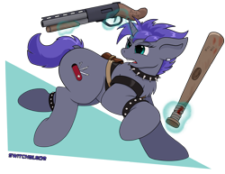 Size: 1280x990 | Tagged: safe, artist:digoraccoon, oc, oc only, oc:switchblade, baseball bat, gun, magic, shotgun, solo, telekinesis, weapon