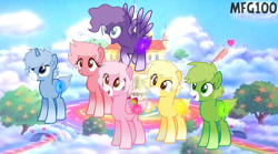 Size: 3208x1784 | Tagged: safe, artist:chaostrical, artist:mixelfangirl100, derpibooru import, earth pony, pegasus, pony, unicorn, base used, care bears, cheer bear, colored wings, crossover, funshine bear, glow, good luck bear, grumpy bear, harmony bear, hasbro, hasbro studios, love-a-lot bear, multicolored wings, ponified, rainbow wings