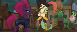 Size: 2048x858 | Tagged: safe, screencap, boyle, captain celaeno, lix spittle, tempest shadow, anthro, my little pony: the movie, amputee, broken horn, eye scar, hook, horn, parrot pirates, peg leg, pirate ship, prosthetic leg, prosthetic limb, prosthetics, scar