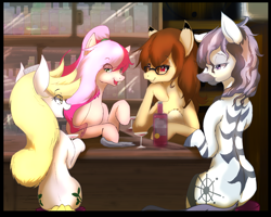 Size: 2256x1806 | Tagged: safe, artist:sakuracheetah, oc, oc only, oc:cheers, oc:compass rose (zebra), oc:shidare sakura, oc:soymilk, pony, zebra, alcohol, bar, female, friends, glass, glasses, mare, sitting, smiling, wine, wine bottle, wine glass, zebra oc