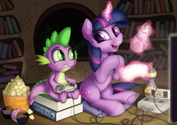 Size: 2377x1670 | Tagged: safe, artist:awalex, derpibooru import, spike, twilight sparkle, unicorn twilight, dragon, pony, unicorn, book, bookshelf, bowsette, controller, duo, female, food, glowing horn, golden oaks library, levitation, looking at each other, magic, male, mare, popcorn, soda, soda bottle, super famicom, super nintendo, telekinesis, video game