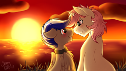 Size: 3840x2160 | Tagged: safe, artist:sugaryviolet, oc, oc only, oc:bassy, oc:intrepid charm, pegasus, pony, unicorn, 4k, gay, male, nuzzling, romantic, stallion, sunset