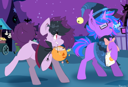 Size: 1705x1161 | Tagged: safe, artist:pixelyte, derpibooru import, oc, oc only, oc:spiral swirl, oc:starryeyes, bat, pony, undead, unicorn, vampire, vampony, cute, female, filly, hat, magic, mare, nightmare night, witch, witch hat