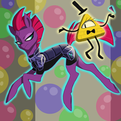 Size: 2000x2000 | Tagged: safe, artist:kingkenn, tempest shadow, pony, my little pony: the movie, bill cipher, broken horn, bubble, crossover, gravity falls