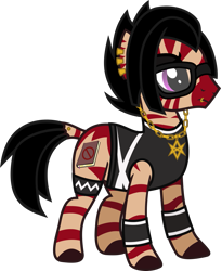 Size: 1147x1409 | Tagged: safe, artist:lightningbolt, derpibooru exclusive, oc, oc only, oc:covert pretense, zebra, .svg available, ambiguous gender, bring me the horizon, chains, clothes, dock, dock piercing, ear piercing, earring, eyeliner, eyeshadow, glasses, hair over one eye, jewelry, leg band, lidded eyes, lip piercing, makeup, necklace, piercing, pokémon, sad, simple background, solo, stripes, svg, tanktop, team skull, thelema, thug, transparent background, vector, wristband, zebra oc