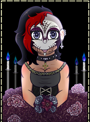 Size: 734x1000 | Tagged: safe, artist:lazerblues, oc, oc only, oc:bella, satyr, candle, choker, collar, dia de los muertos, ear piercing, face paint, flower, lip piercing, parent:oc:miss eri, piercing, solo, undercut, wingding eyes