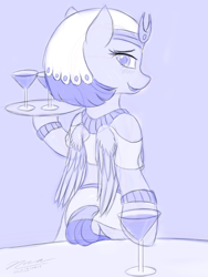 Size: 960x1280 | Tagged: safe, artist:novaintellus, derpibooru import, somnambula, pegasus, pony, atg 2018, bipedal, blushing, clothes, cocktail glass, drink, female, glass, hoof hold, human shoulders, humanoid torso, looking at you, looking back, looking back at you, mare, martini glass, monochrome, newbie artist training grounds, signature, sketch, solo, tray, waitress, wine glass