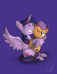 Size: 1600x2057 | Tagged: safe, artist:theravencriss, tender taps, twilight sparkle, twilight sparkle (alicorn), alicorn, earth pony, pony, cutie mark, eyes closed, female, male, mare, one eye closed, purple background, signature, simple background, sitting, wings