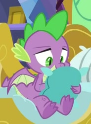 Size: 410x557 | Tagged: safe, derpibooru import, screencap, spike, dragon, father knows beast, claws, cropped, male, pillow, winged spike, wings