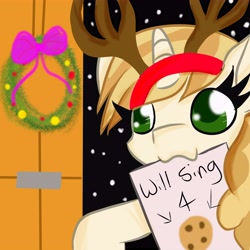 Size: 6000x6000 | Tagged: safe, artist:rainbowtashie, sweet biscuit, deer, pony, unicorn, absurd resolution, adorabiscuit, antlers, christmas, christmas carol, cookie, cute, dress up, female, festive, food, holiday, mare, mouth hold, reindeer antlers, snow, solo, winter, wreath