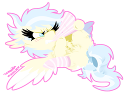 Size: 595x456 | Tagged: safe, artist:vanillaswirl6, oc, oc only, oc:dreamscape, pegasus, pony, blushing, bow, chest fluff, chibi, clothes, featureless crotch, fluffy, mouth hold, plot, simple background, socks, solo, spread wings, striped socks, tail bow, transparent background, wings