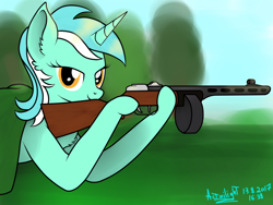 Size: 2000x1500 | Tagged: safe, artist:starlightglummer, lyra heartstrings, semi-anthro, dexterous hooves, gun, machine gun, ppsh-41, solo, weapon