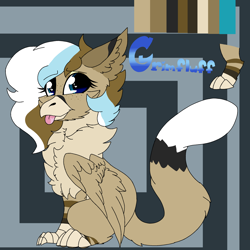 Size: 2560x2560 | Tagged: safe, artist:brokensilence, oc, oc only, oc:grimfluff, griffon, :p, abstract background, cheek fluff, chest fluff, cute, ear fluff, eyeshadow, female, freckles, griffonsona, heart eyes, looking at you, makeup, paws, reference sheet, silly, sitting, smiling, solo, talons, tongue out, wing fluff, wingding eyes