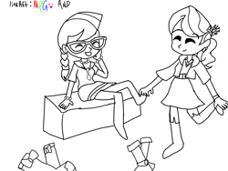 Size: 1024x768 | Tagged: safe, artist:sanjixxzoro, diamond tiara, silver spoon, equestria girls, adorabullies, boots, bracelet, braid, clothes, compression shorts, cute, duo, eyes closed, feet, glasses, jewelry, necklace, shoes, sketch, skirt, tickling