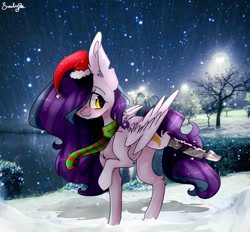 Size: 872x808 | Tagged: safe, artist:emily-826, oc, oc only, oc:shylu, pegasus, pony, amputee, christmas, clothes, female, hat, holiday, mare, prosthetic limb, prosthetics, santa hat, scarf, snow, solo, winter