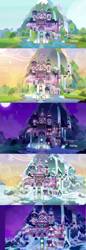 Size: 1360x3936 | Tagged: safe, derpibooru import, screencap, a hearth's warming tail, non-compete clause, school daze, architecture, autumn, comparison, day, evening, moon, night, scenery, school of friendship, snow, summer, winter