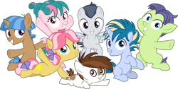 Size: 7937x4000 | Tagged: safe, artist:sollace, kettle corn, mocha berry, pipsqueak, rumble, skeedaddle, tulip swirl, pony, marks and recreation, .svg available, foal, group, simple background, transparent background, vector