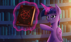 Size: 2121x1240 | Tagged: safe, artist:atlas-66, twilight sparkle, twilight sparkle (alicorn), alicorn, pony, book, dark magic, ear fluff, female, leg fluff, levitation, magic, mare, open mouth, pentagram, pointing, solo, spellbook, telekinesis, this will not end well, twilight's castle, wing fluff