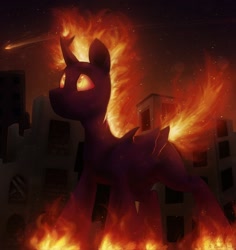 Size: 1280x1356 | Tagged: safe, artist:enderselyatdark, derpibooru import, oc, oc only, oc:amadeuss, pony, fire, rcf community, ruin