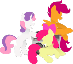 Size: 3170x2780 | Tagged: safe, artist:anonymousnekodos, apple bloom, babs seed, scootaloo, sweetie belle, earth pony, pegasus, pony, unicorn, blank flank, boombox, cutie mark crusaders, eyes closed, female, filly, foal, green background, grin, high res, hooves, horn, lineless, minimalist, modern art, simple background, smiling, transparent background, trio, wings
