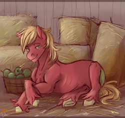 Size: 2455x2311 | Tagged: safe, artist:1an1, big macintosh, earth pony, pony, apple, crossed hooves, cute, food, hay, hayloft, horses doing horse things, looking at you, lying, macabetes, solo, straw in mouth, unshorn fetlocks