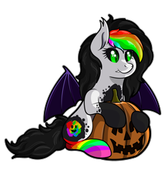 Size: 1712x1816 | Tagged: safe, artist:moonlightfan, derpibooru import, oc, oc only, oc:hallows eve, bat pony, pony, bat pony oc, clothes, colored sclera, female, halloween, holiday, jack-o-lantern, mare, pumpkin, rainbow socks, simple background, socks, solo, striped socks, transparent background