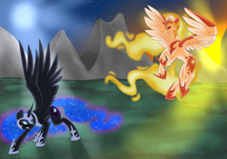 Size: 4000x2800 | Tagged: safe, artist:meownimator, daybreaker, nightmare moon, alicorn, pony, a royal problem, absurd resolution, armor, fight, mane of fire