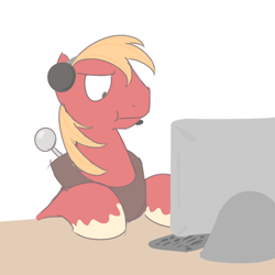 Size: 800x800 | Tagged: safe, artist:perrydotto, big macintosh, computer, desk, headset, keyboard, simple background