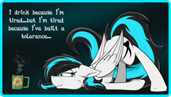 Size: 1024x583 | Tagged: safe, artist:dangercloseart, oc, oc only, oc:danger close, pegasus, pony, coffee, cup, face down ass up, female, mare, solo, tired