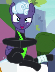 Size: 401x531 | Tagged: safe, derpibooru import, screencap, rolling thunder, pegasus, pony, the washouts (episode), bandage, clothes, cropped, eye scar, female, mare, scar, sitting, solo, uniform, washouts uniform