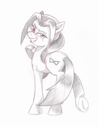 Size: 971x1243 | Tagged: safe, artist:saturdaymorningproj, derpibooru import, oc, oc only, earth pony, pony, female, grayscale, looking back, looking over shoulder, mare, monochrome, pencil drawing, simple background, smiling, smirk, solo, traditional art, unnamed oc, white background