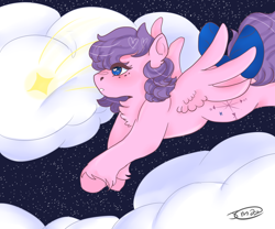 Size: 1280x1065 | Tagged: safe, artist:merri-weather, derpibooru import, north star (g1), pegasus, pony, g1, bow, cloud, female, flying, mare, night, shooting star, solo, stars, tail bow, unshorn fetlocks