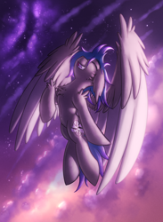 Size: 1320x1800 | Tagged: safe, artist:shad0w-galaxy, derpibooru import, oc, oc only, oc:laconic nocturne, pegasus, pony, cloud, cute, flying, galaxy, happy, large wings, male, sky, smiling, solo, stallion, wings