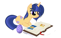 Size: 5297x3314 | Tagged: safe, artist:velveagicsentryyt, oc, oc only, oc:velvet sentry, pony, unicorn, book, both cutie marks, egg, female, high res, mare, offspring, parent:flash sentry, parent:twilight sparkle, parents:flashlight, prone, reading, simple background, solo, transparent background