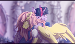 Size: 1578x923 | Tagged: safe, artist:1an1, dusk shine, fluttershy, twilight sparkle, twilight sparkle (alicorn), alicorn, pegasus, pony, clothes, crying, duskshy, everyday a little death, female, half r63 shipping, hug, male, mare, mondego, monsparkle, rule 63, shipping, shycedes, smiling, straight, the count of monte cristo, twishy