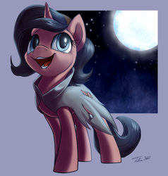 Size: 900x947 | Tagged: safe, artist:tsitra360, oc, oc only, pony, unicorn, cape, clothes, commission, female, full moon, mare, moon, night, open mouth, smiling, solo, stars