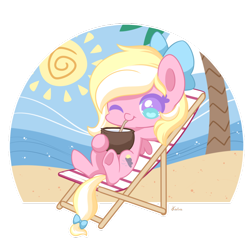 Size: 800x800 | Tagged: safe, artist:exceru-karina, oc, oc only, oc:bay breeze, pegasus, pony, beach, bow, chair, chibi, coconut, cute, female, food, hair bow, mare, one eye closed, palm tree, tail bow, tree, underhoof, wink