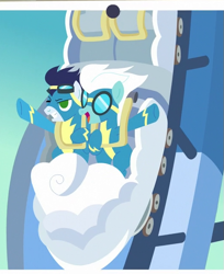 Size: 525x642 | Tagged: safe, derpibooru import, screencap, fleetfoot, soarin', pegasus, pony, grannies gone wild, clothes, cropped, female, male, one eye closed, photo, roller coaster, smiling, uniform, wink, wonderbolts uniform