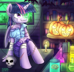 Size: 1550x1500 | Tagged: safe, artist:tcn1205, twilight sparkle, twilight sparkle (alicorn), alicorn, anthro, bat, unguligrade anthro, book, bookshelf, brain, candle, clothes, female, frankenstein's monster, halloween, heterochromia, holiday, jack-o-lantern, mare, monster mare, plaid, pleated skirt, pumpkin, science, skirt, skirt lift, skull