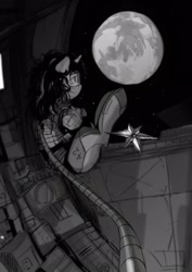 Size: 1133x1600 | Tagged: safe, artist:asianpony, oc, oc only, black and white, floating, grayscale, monochrome, moon, my little brony risovach, solo, space, space station, spacesuit