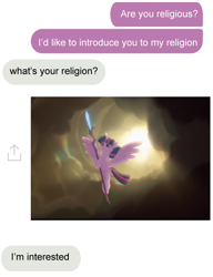 Size: 484x630 | Tagged: dead source, safe, edit, edited screencap, screencap, twilight sparkle, twilight sparkle (alicorn), alicorn, my little pony: the movie, meme, religion, staff, staff of sacanas, text