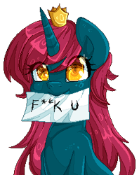 Size: 237x300 | Tagged: safe, artist:twigileia, derpibooru import, oc, oc:empress lace, alicorn, pony, alicorn oc, crown, female, fuck you, jewelry, mouth hold, pixel art, regalia, simple background, solo, transparent background, vulgar