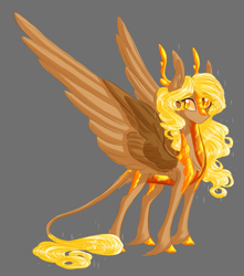 Size: 1505x1700 | Tagged: safe, artist:australian-senior, oc, oc only, oc:delly invictus, alicorn, dracony, hybrid, kirin, pegasus, pony, alternate universe, antlers, colored hooves, curiosity core, golden eyes, gray background, kirindos, leonine tail, portal, portal (valve), portal 2, scales, simple background, solo, unshorn fetlocks