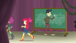 Size: 1280x720 | Tagged: safe, derpibooru import, screencap, apple bloom, cranky doodle donkey, scootaloo, equestria girls, equestria girls series, happily ever after party, happily ever after party: rainbow dash, chalkboard, sneaking