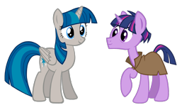 Size: 1944x1152 | Tagged: safe, artist:thecheeseburger, stygian, twilight sparkle, twilight sparkle (alicorn), alicorn, pony, shadow play, clothes, cutie mark swap, palette swap, raised hoof, recolor, simple background, smiling, transparent background