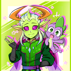 Size: 800x800 | Tagged: safe, artist:thegreatrouge, derpibooru import, spike, thorax, anthro, changedling, changeling, dragon, human, baby, baby dragon, clothes, cute, elf ears, fangs, green eyes, horned humanization, humanized, king thorax, looking at you, male, smiling, song in the comments, spikabetes, stars, thorabetes, waving, winged spike, wings