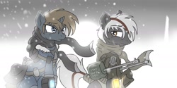 Size: 2000x1000 | Tagged: safe, artist:whitepone, oc, oc only, fallout equestria, gun, magical lesbian spawn, offspring, parent:oc:calamity, parent:oc:homage, parent:oc:littlepip, parent:oc:velvet remedy, snow, snowfall, weapon