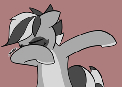 Size: 1012x725 | Tagged: safe, artist:pabbley, derpibooru import, oc, oc only, oc:bandy cyoot, pony, raccoon pony, dab, eyes closed, female, simple background, solo