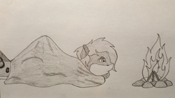 Size: 2000x1125 | Tagged: safe, artist:nightwind-arts, oc, oc only, oc:milani, original species, shark, shark pony, blanket, campfire, female, fire, lying down, mare, sleepy, solo, tired, traditional art