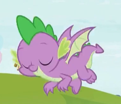 Size: 380x327 | Tagged: safe, derpibooru import, screencap, spike, dragon, father knows beast, claws, cropped, eyes closed, male, tail, winged spike, wings